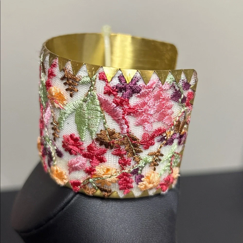 Cottage Floral Embroidered Boho Statement Cuff Bracelet - Picture 2 of 5